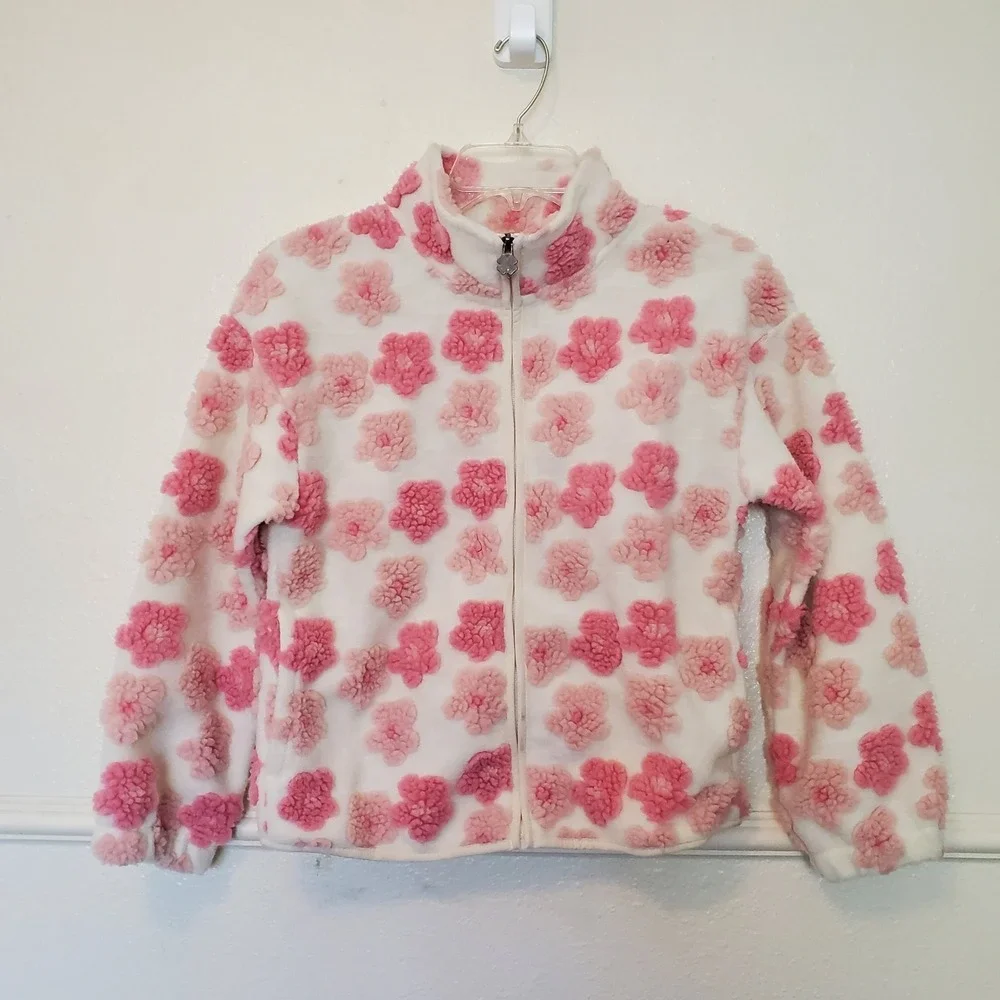 Lucky Brand Girls Pink Floral Popcorn Fleece Zip Up Jacket White Size M 10/12